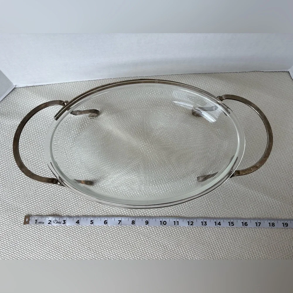 Vintage Oval Glass Casserole serving platter with Silverplate Footed Stand